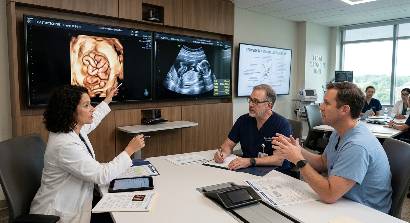Equipo multidisciplinario revisando estudios prenatales de gastrosquisis