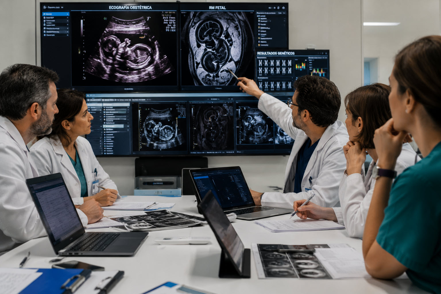 Equipo médico revisando ecografía, resonancia fetal y estudios genéticos en onfalocele