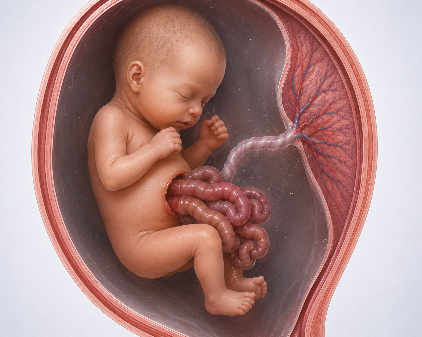Ilustración médica de feto con gastrosquisis