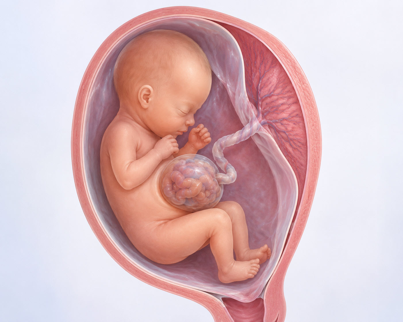 Ilustración médica de un feto con onfalocele cubierto por membrana