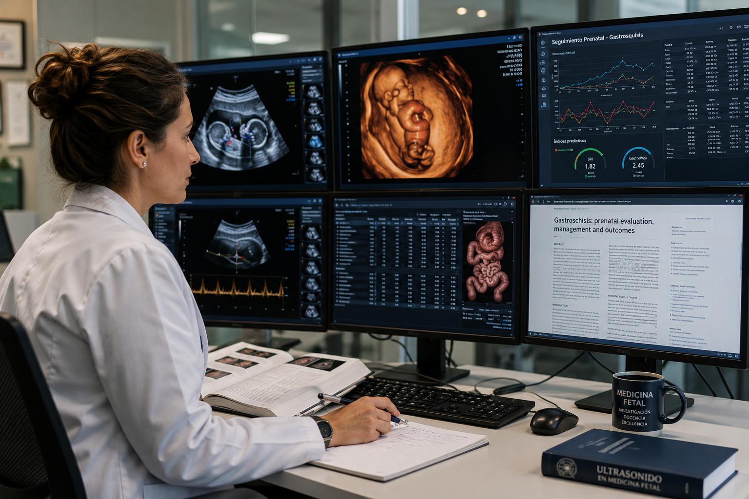 Especialista revisando recursos profesionales sobre gastrosquisis