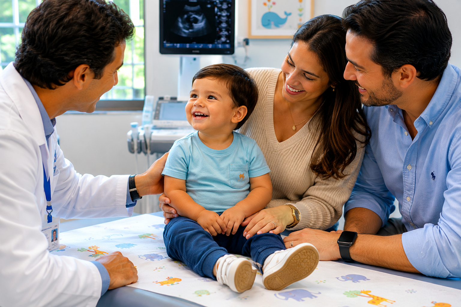 Niño en control pediátrico después del tratamiento de un onfalocele